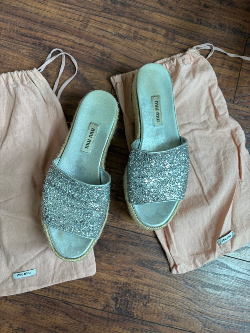 Miu Miu Silver Glitter Slide Espadrilles